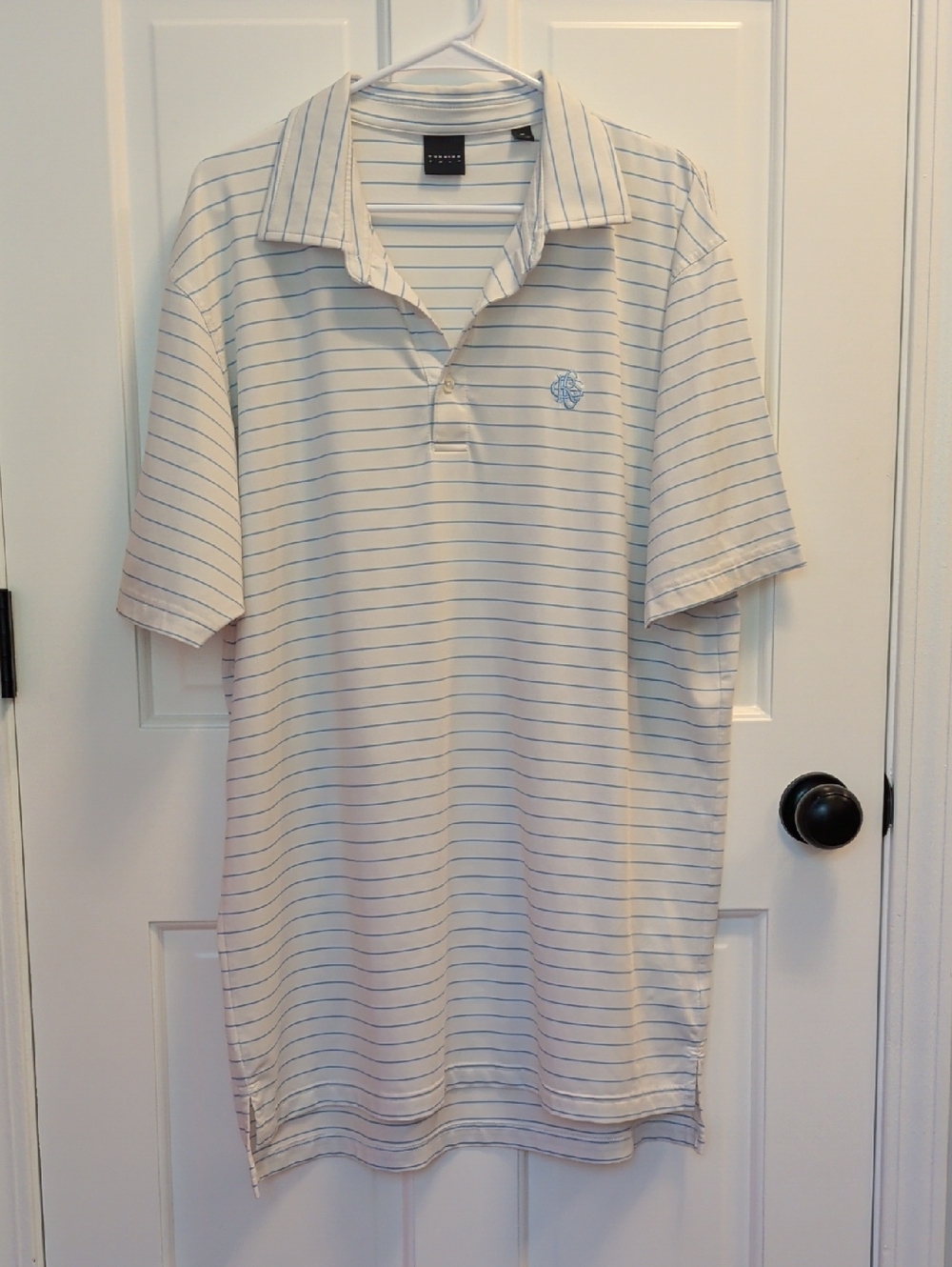 Men's White Golf Polo with Light Blue Stripes